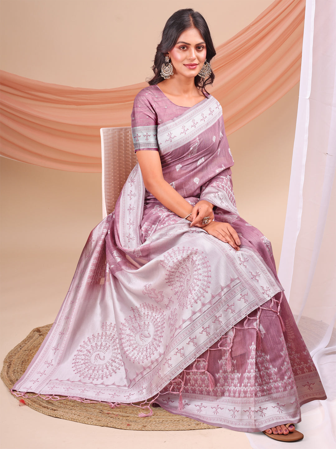 Astita Purple & White InspiPurple Linen Cotton Saree for Women | Light, Soft, Ethnic Saree for Pooja, Office & Gifting