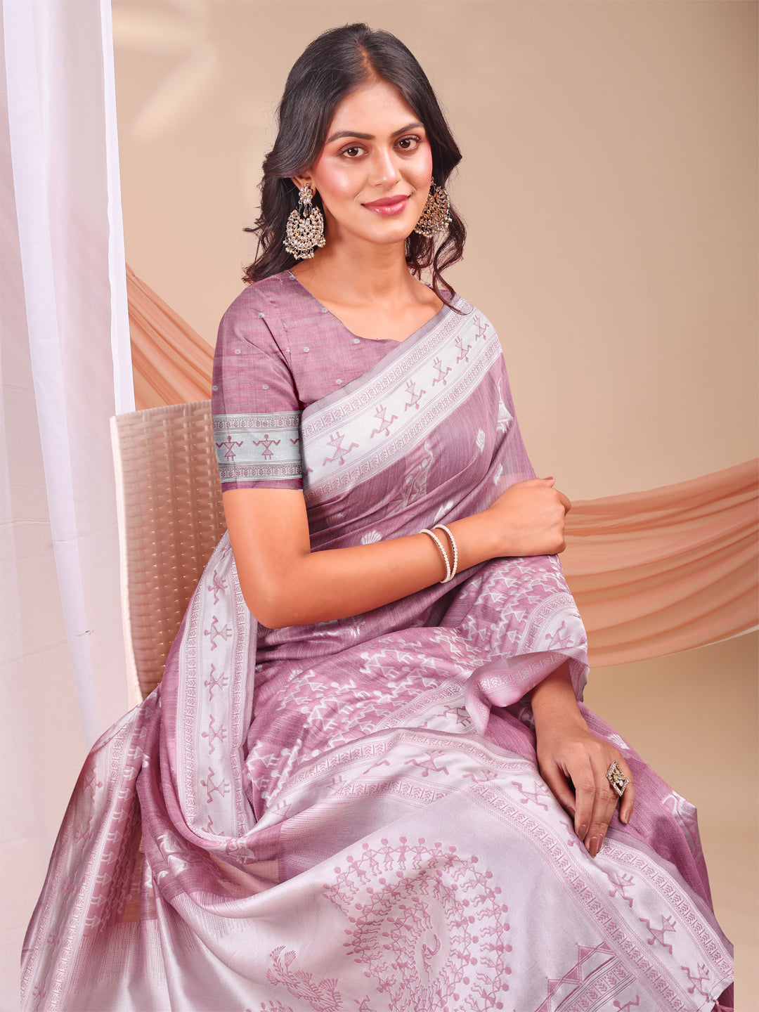 Astita Purple & White InspiPurple Linen Cotton Saree for Women | Light, Soft, Ethnic Saree for Pooja, Office & Gifting