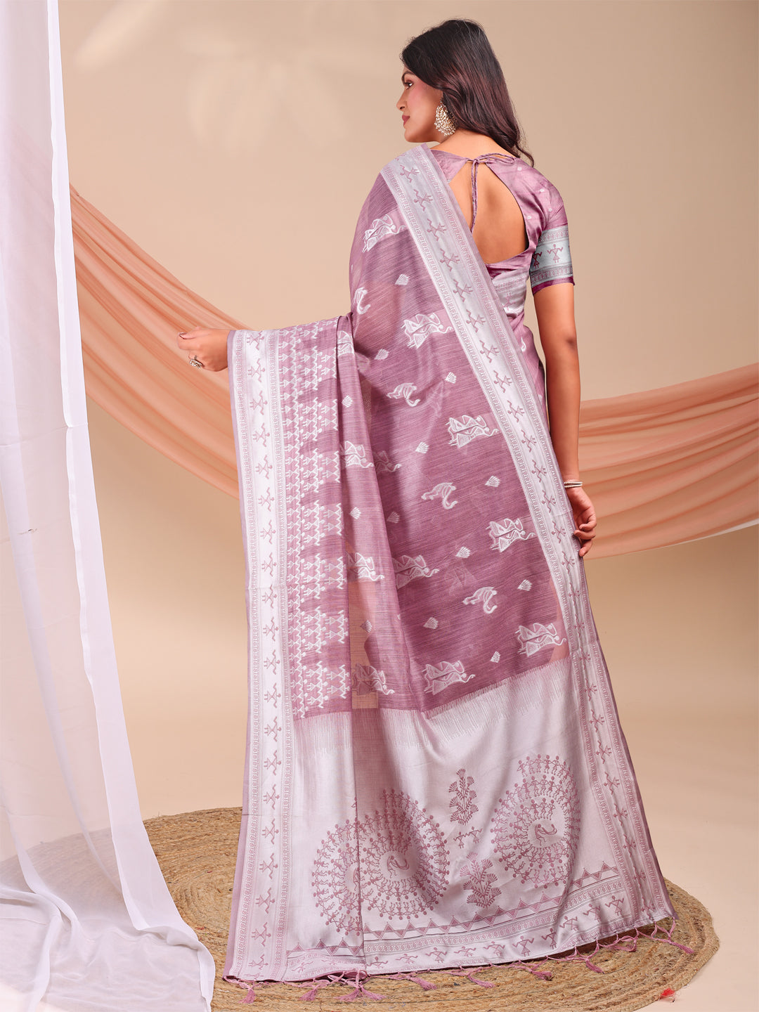 Astita Purple & White InspiPurple Linen Cotton Saree for Women | Light, Soft, Ethnic Saree for Pooja, Office & Gifting