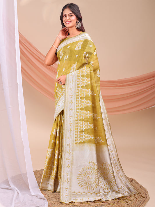Astita Mustard & White InspiMustard Linen Cotton Saree for Women | Light, Soft, Ethnic Saree for Pooja, Office & Gifting