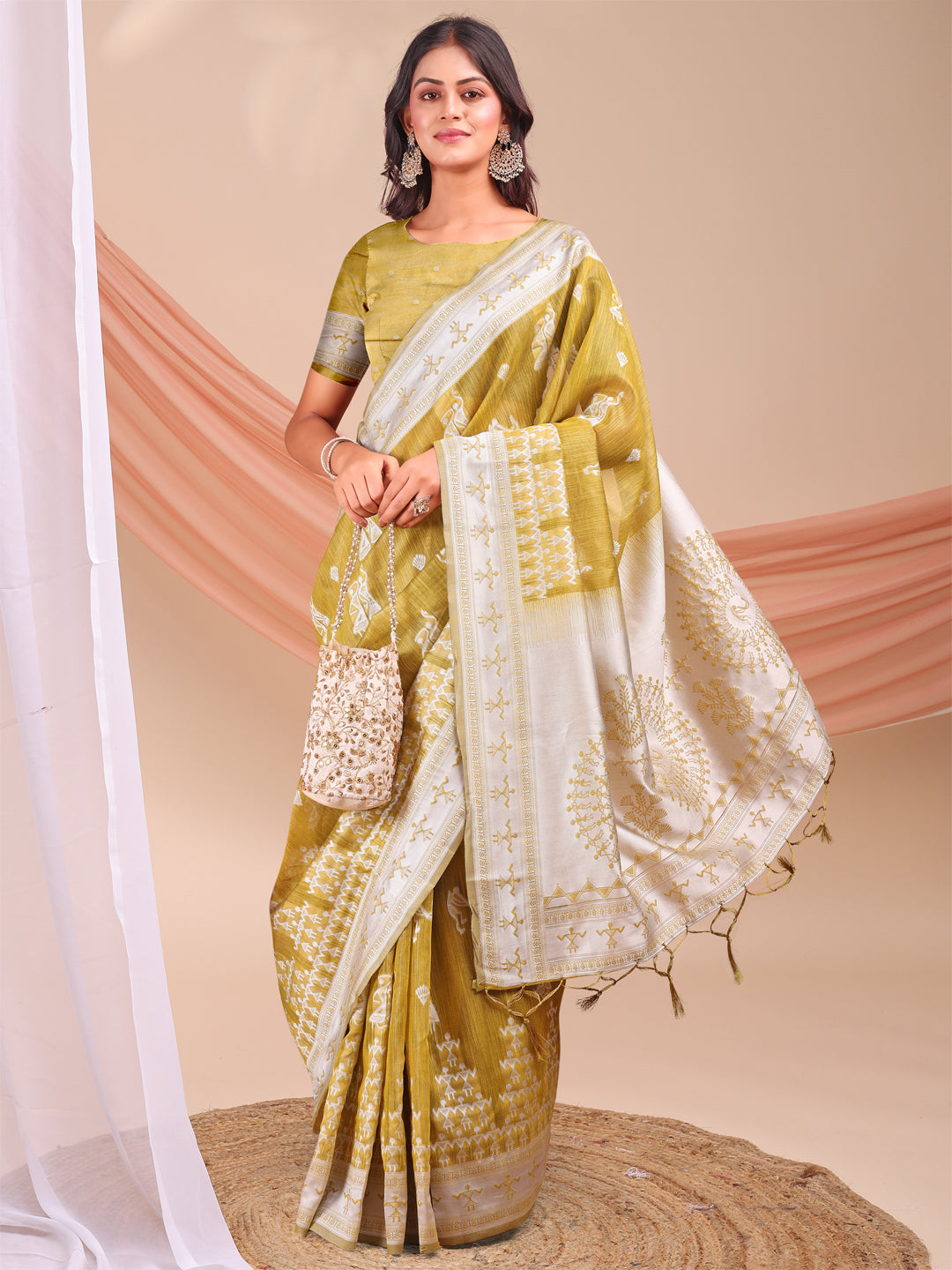 Astita Mustard & White InspiMustard Linen Cotton Saree for Women | Light, Soft, Ethnic Saree for Pooja, Office & Gifting