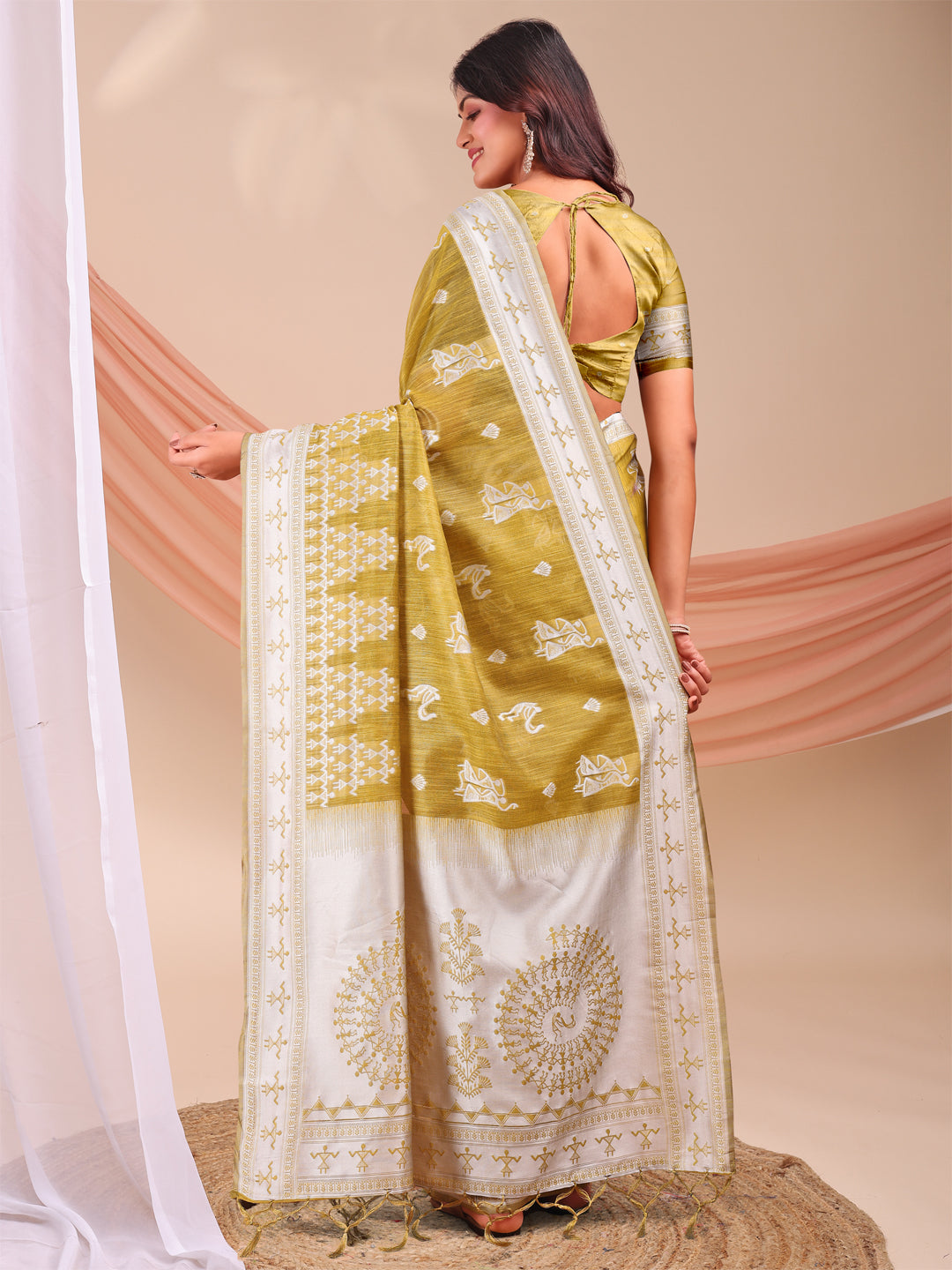 Astita Mustard & White InspiMustard Linen Cotton Saree for Women | Light, Soft, Ethnic Saree for Pooja, Office & Gifting