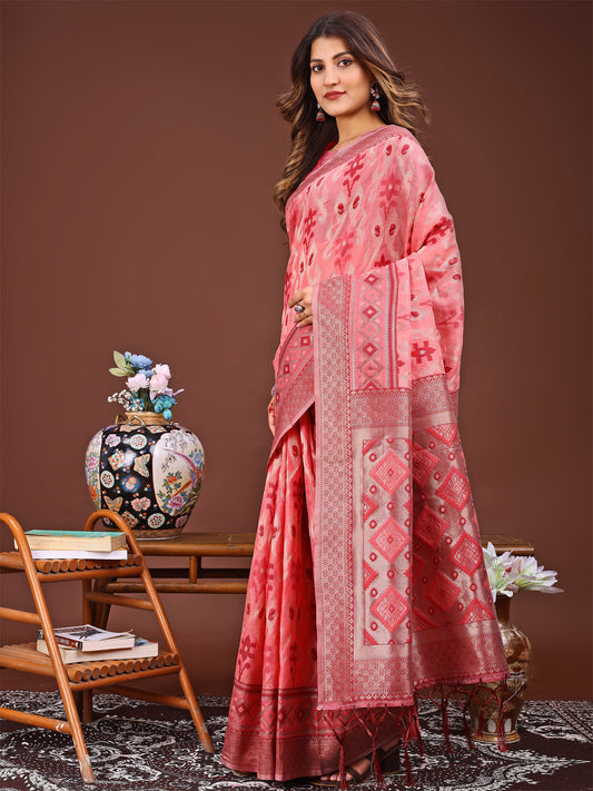 Astita Radiant Peach Linen Cotton Patola Saree – Where Tradition Dances with Elegance