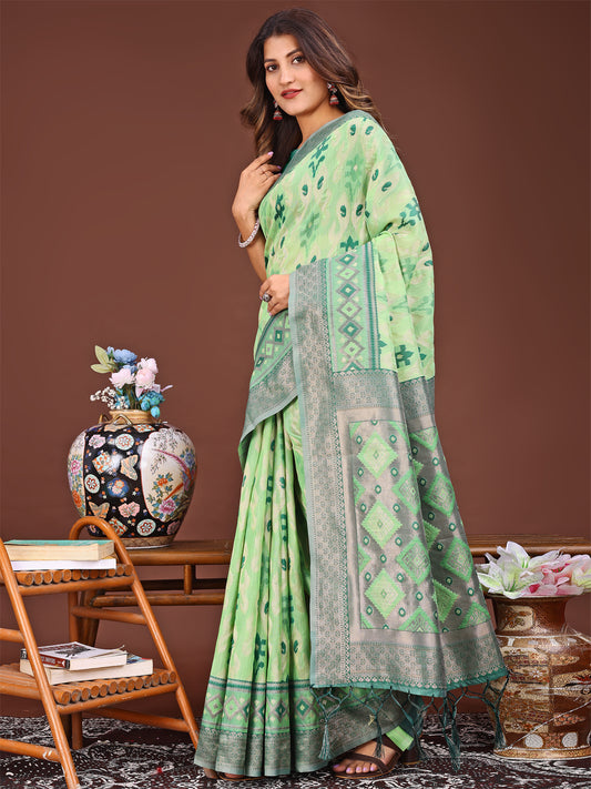 Astita Radiant Light Green Linen Cotton Patola Saree – Where Tradition Dances with Elegance