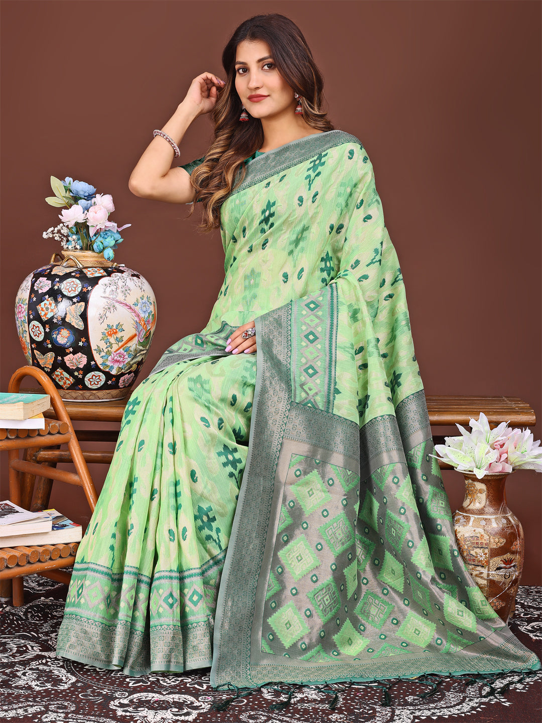 Astita Radiant Light Green Linen Cotton Patola Saree – Where Tradition Dances with Elegance