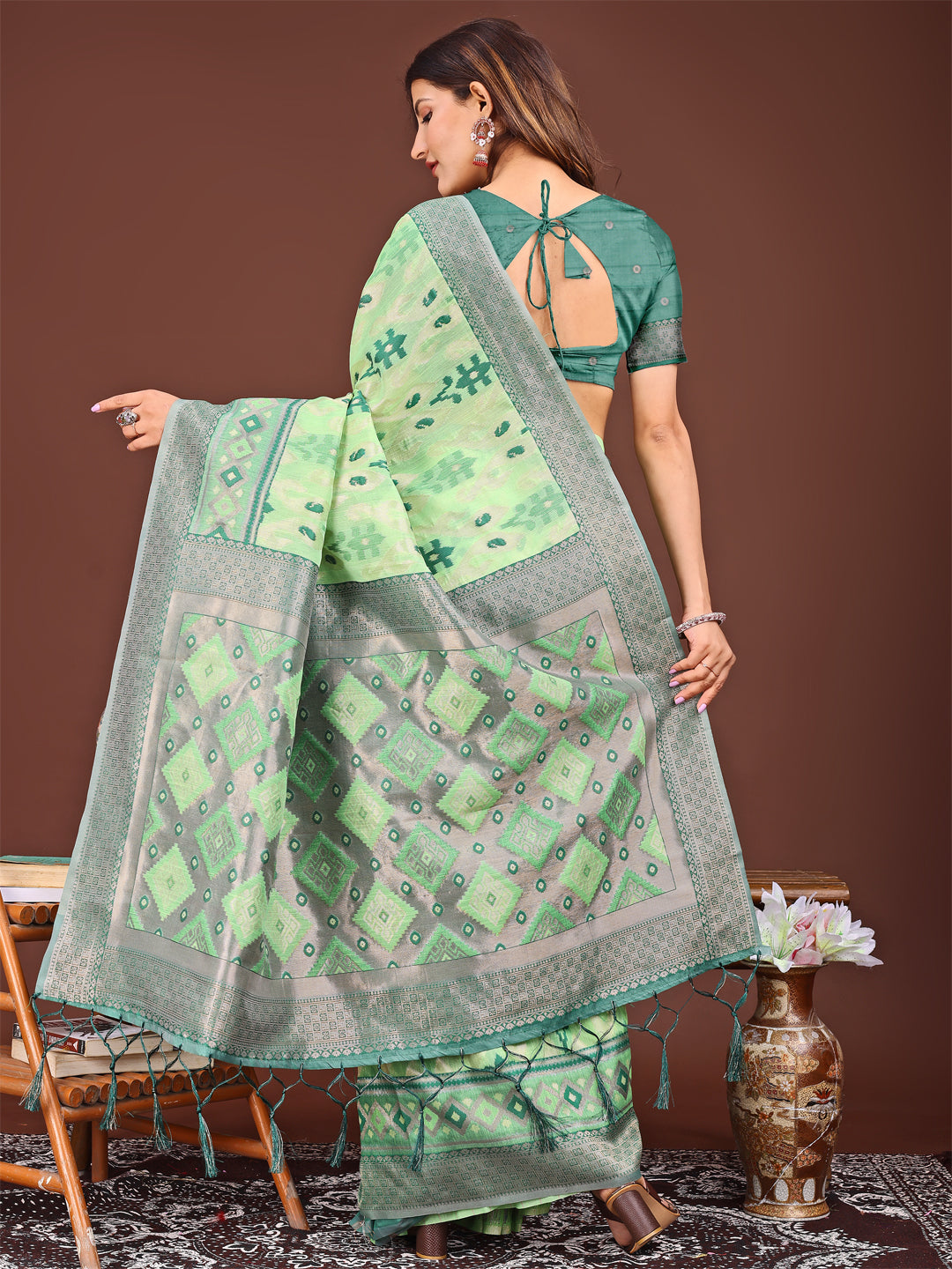 Astita Radiant Light Green Linen Cotton Patola Saree – Where Tradition Dances with Elegance