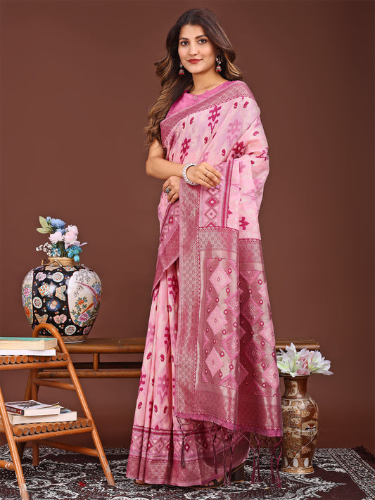 Astita Radiant Pink Linen Cotton Patola Saree – Where Tradition Dances with Elegance
