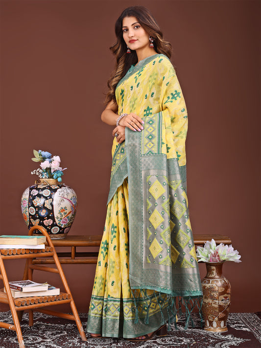 Astita Radiant Yellow Linen Cotton Patola Saree – Where Tradition Dances with Elegance