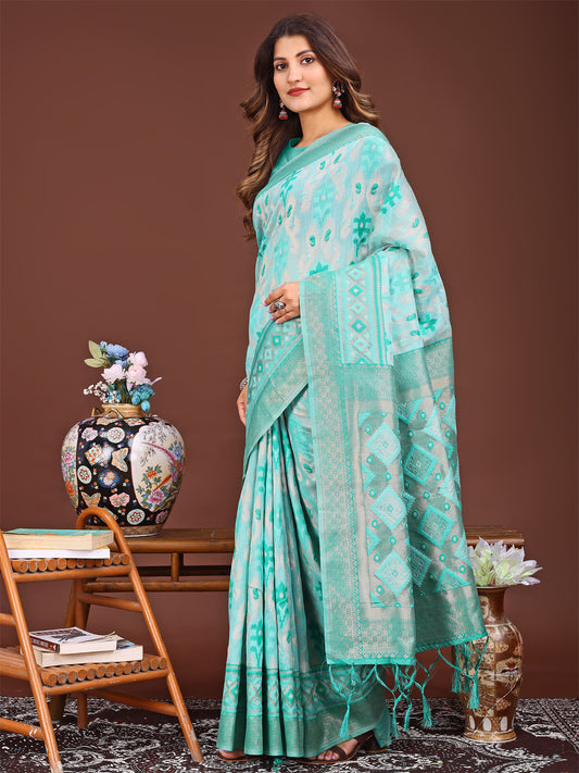 Astita Radiant Sea Green Linen Cotton Patola Saree – Where Tradition Dances with Elegance