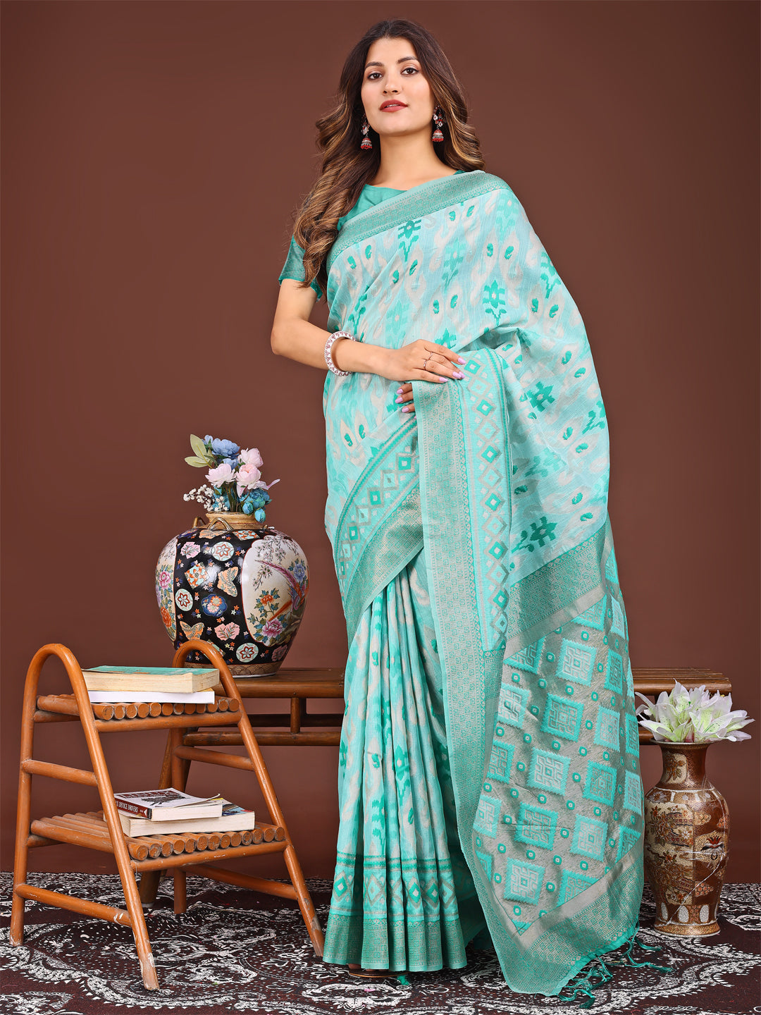 Astita Radiant Sea Green Linen Cotton Patola Saree – Where Tradition Dances with Elegance