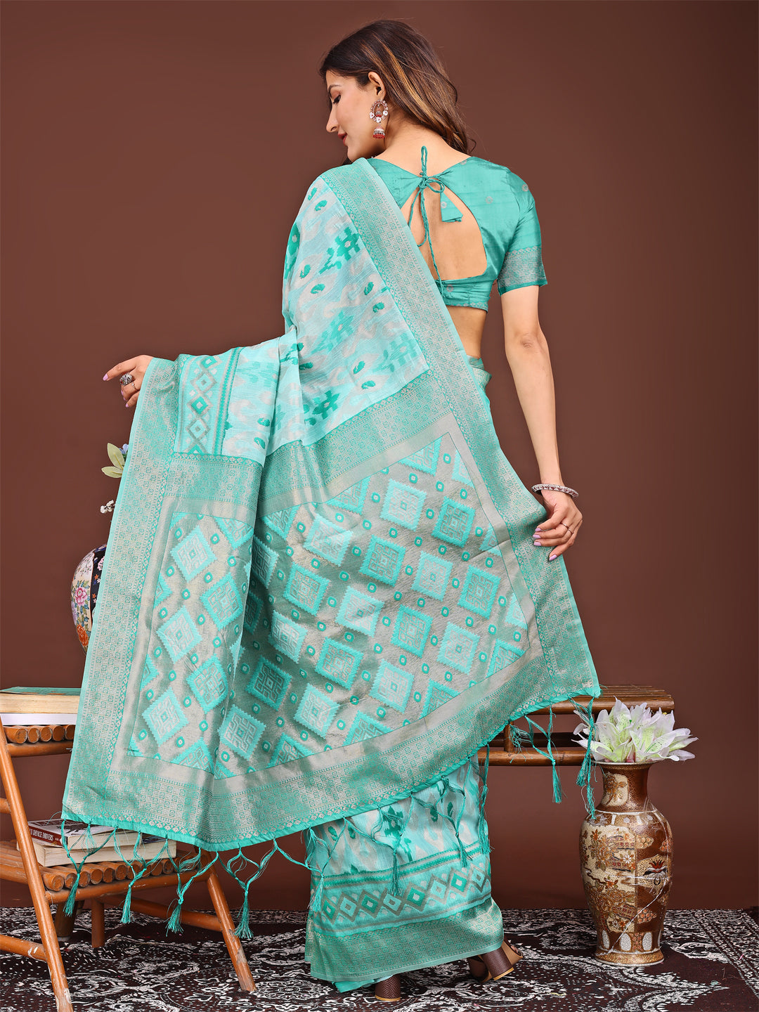Astita Radiant Sea Green Linen Cotton Patola Saree – Where Tradition Dances with Elegance