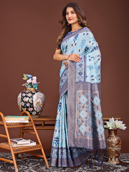 Astita Radiant Sky Blue Linen Cotton Patola Saree – Where Tradition Dances with Elegance