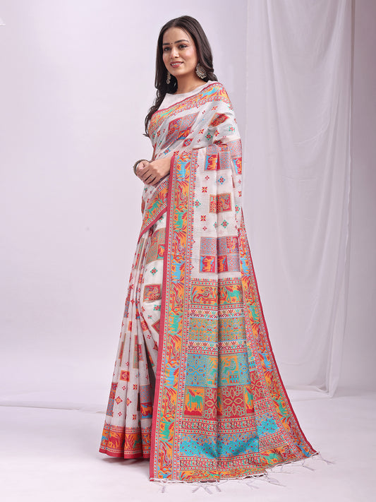 Astita White Linen Cotton Saree with Multicolor Ethnic Print – Soft & Lightweight Saree for Festive, Daily, and Office Wear
