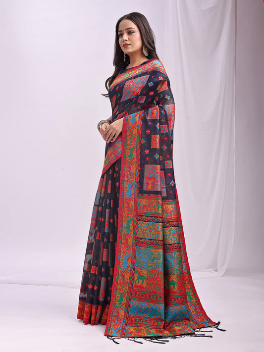 Astita Navy Blue Linen Cotton Saree with Multicolor Ethnic Print – Soft & Lightweight Saree for Festive, Daily, and Office Wear