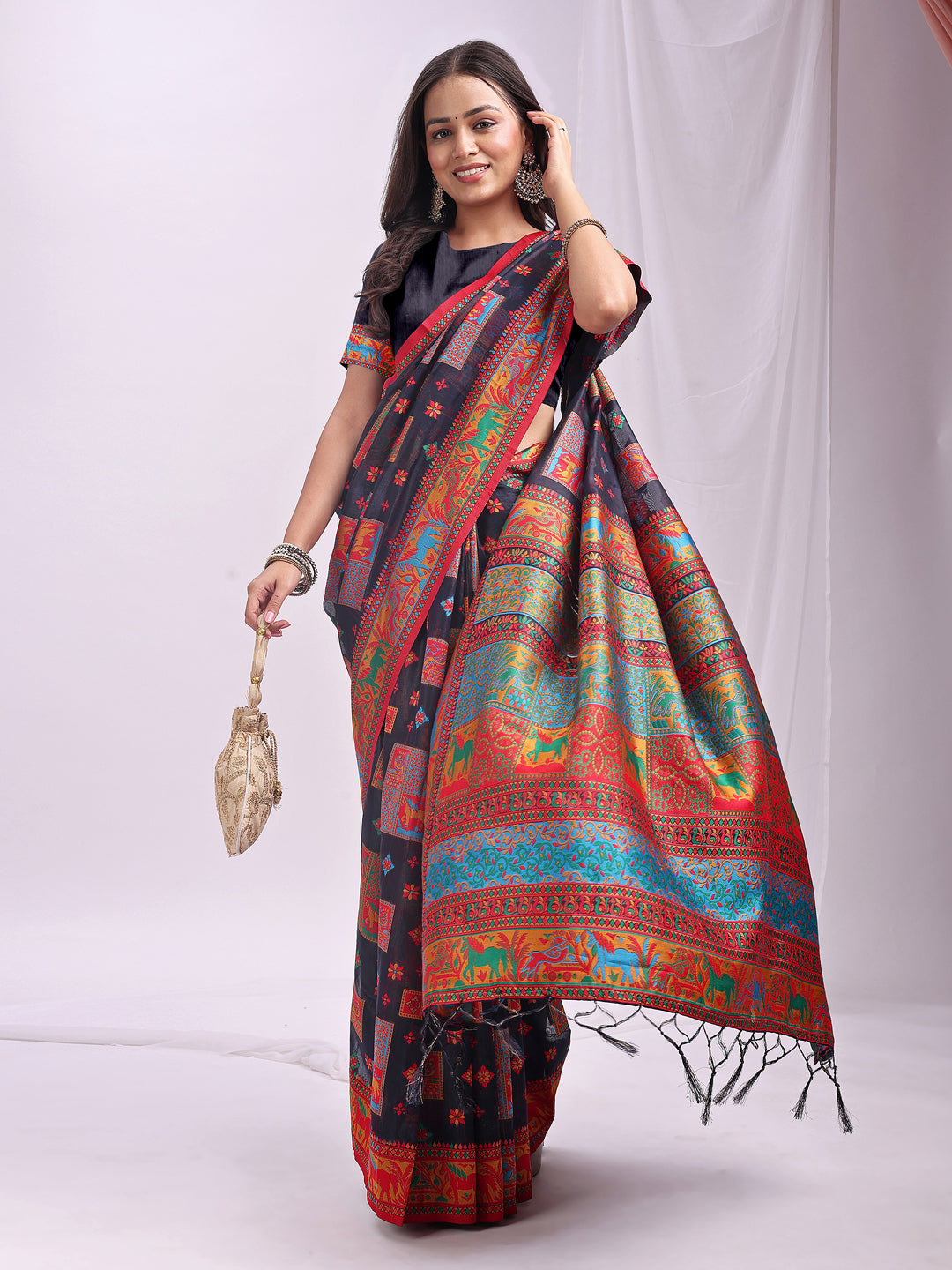 Astita Navy Blue Linen Cotton Saree with Multicolor Ethnic Print – Soft & Lightweight Saree for Festive, Daily, and Office Wear