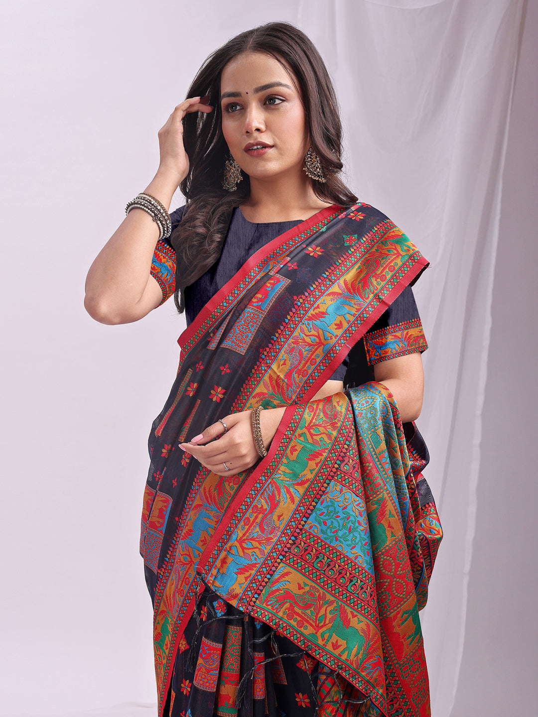 Astita Navy Blue Linen Cotton Saree with Multicolor Ethnic Print – Soft & Lightweight Saree for Festive, Daily, and Office Wear