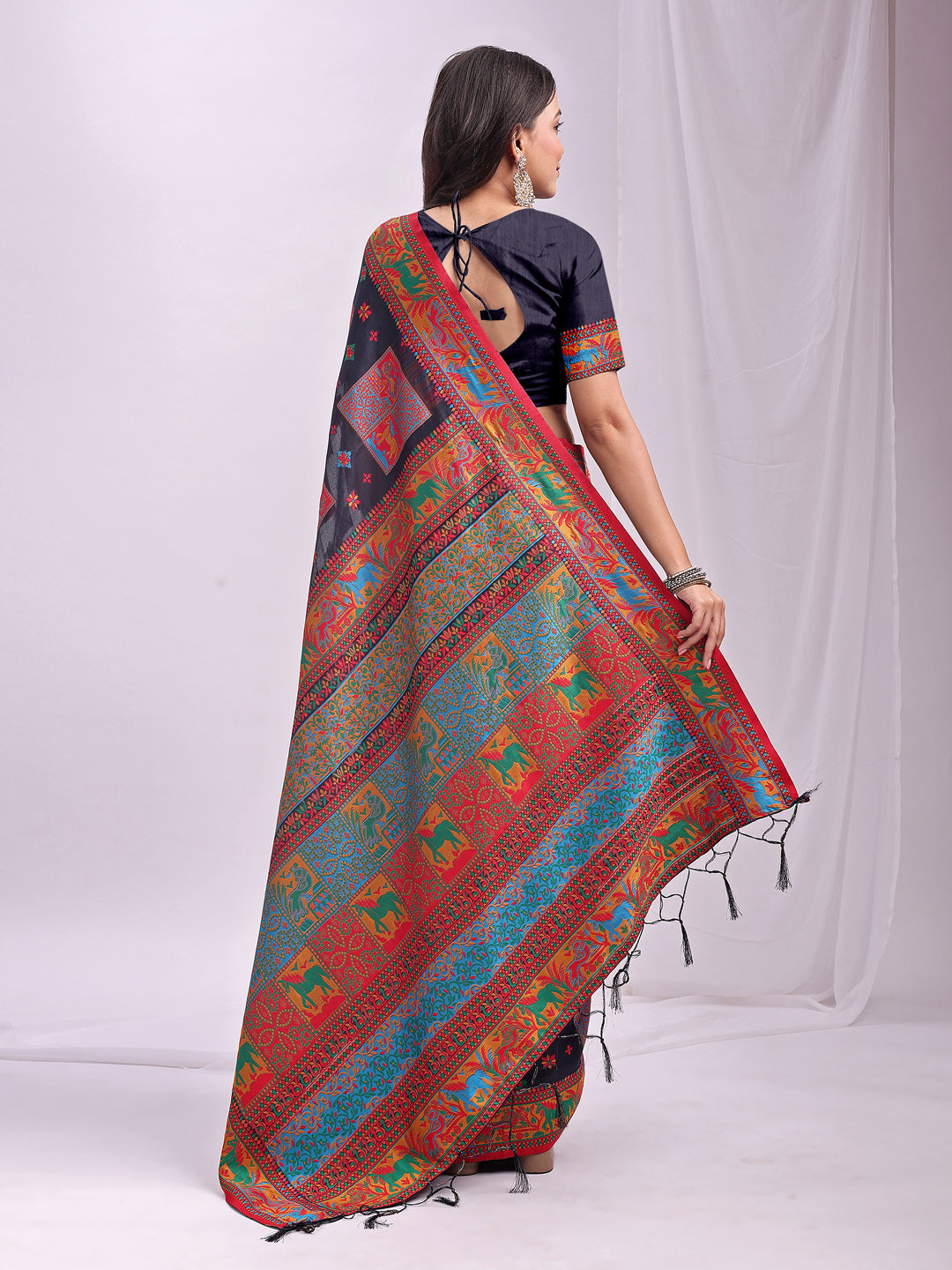 Astita Navy Blue Linen Cotton Saree with Multicolor Ethnic Print – Soft & Lightweight Saree for Festive, Daily, and Office Wear