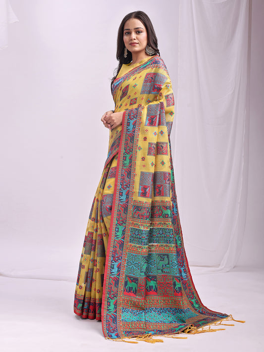 Astita Yellow Linen Cotton Saree with Multicolor Ethnic Print – Soft & Lightweight Saree for Festive, Daily, and Office Wear