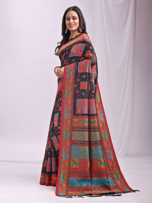 Astita Black Linen Cotton Saree with Multicolor Ethnic Print – Soft & Lightweight Saree for Festive, Daily, and Office Wear