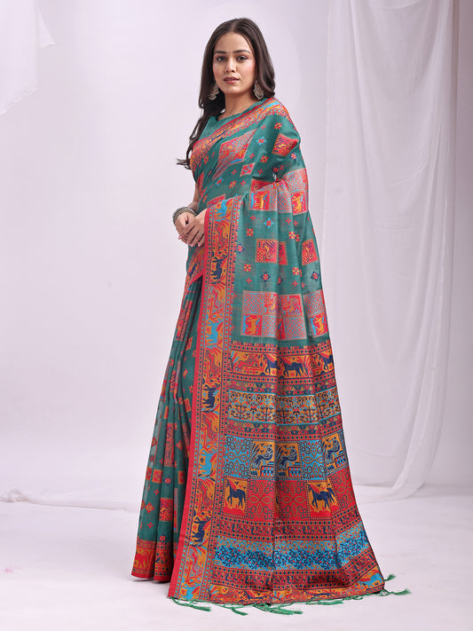 Astita Rama Green Linen Cotton Saree with Multicolor Ethnic Print – Soft & Lightweight Saree for Festive, Daily, and Office Wear