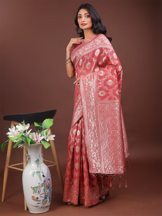 Astita Elegant Peach Linen Cotton Saree with Silver Zari – Perfect Blend of Comfort & Charm