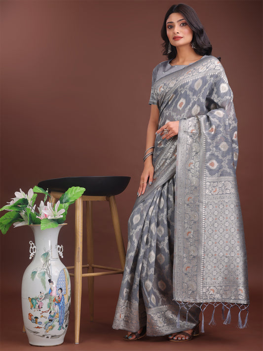 Astita Elegant Grey Linen Cotton Saree with Silver Zari – Perfect Blend of Comfort & Charm