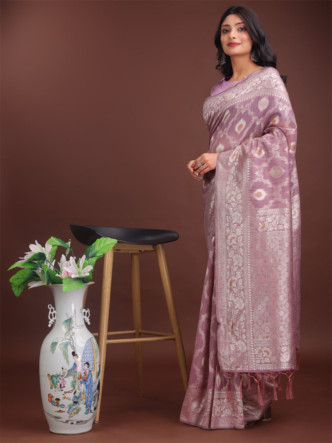 Astita Elegant Purple Linen Cotton Saree with Silver Zari โ Perfect Blend of Comfort & Charm