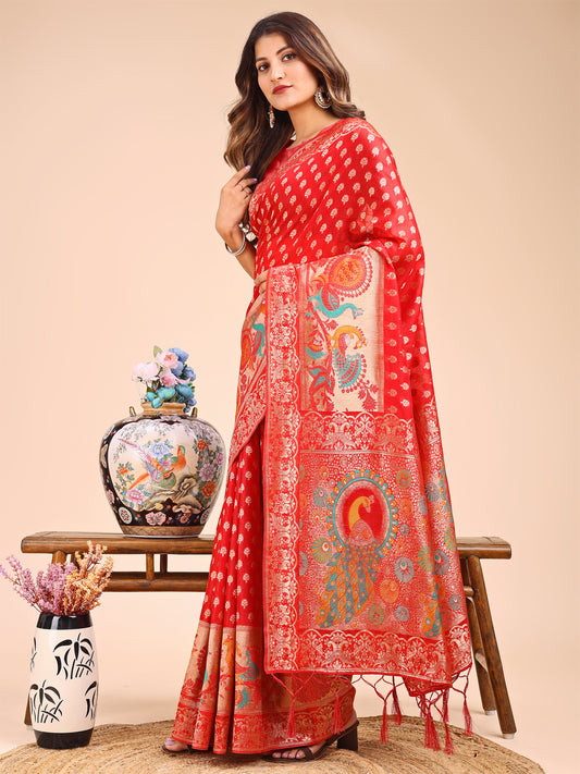 Majestic Red Linen Cotton Saree with Royal Peacock Pallu – A Celebration of Heritage and Grace
