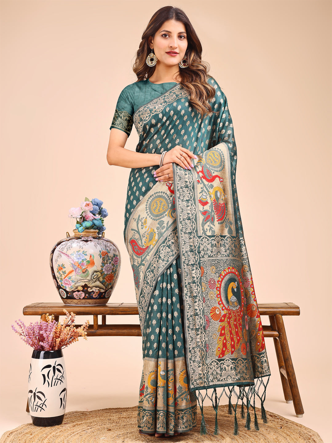 Majestic Green Linen Cotton Saree with Royal Peacock Pallu – A Celebration of Heritage and Grace