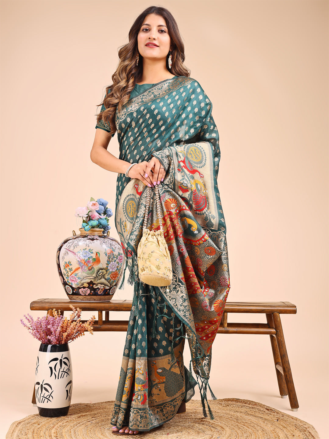 Majestic Green Linen Cotton Saree with Royal Peacock Pallu – A Celebration of Heritage and Grace