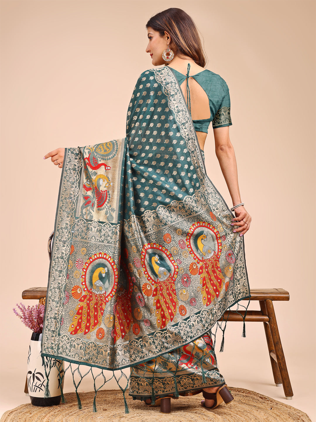 Majestic Green Linen Cotton Saree with Royal Peacock Pallu – A Celebration of Heritage and Grace
