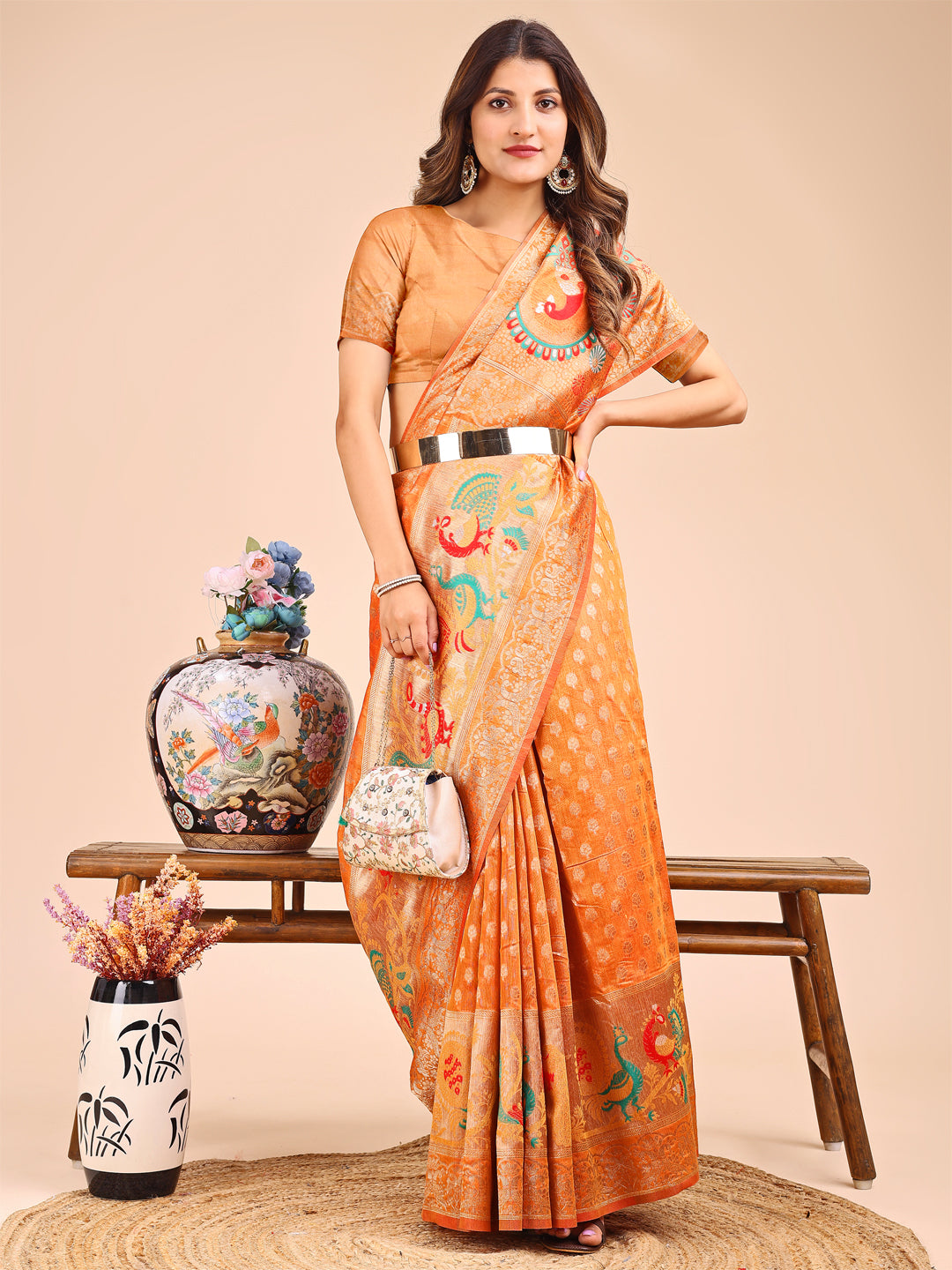 Majestic Mustrad Linen Cotton Saree with Royal Peacock Pallu – A Celebration of Heritage and Grace