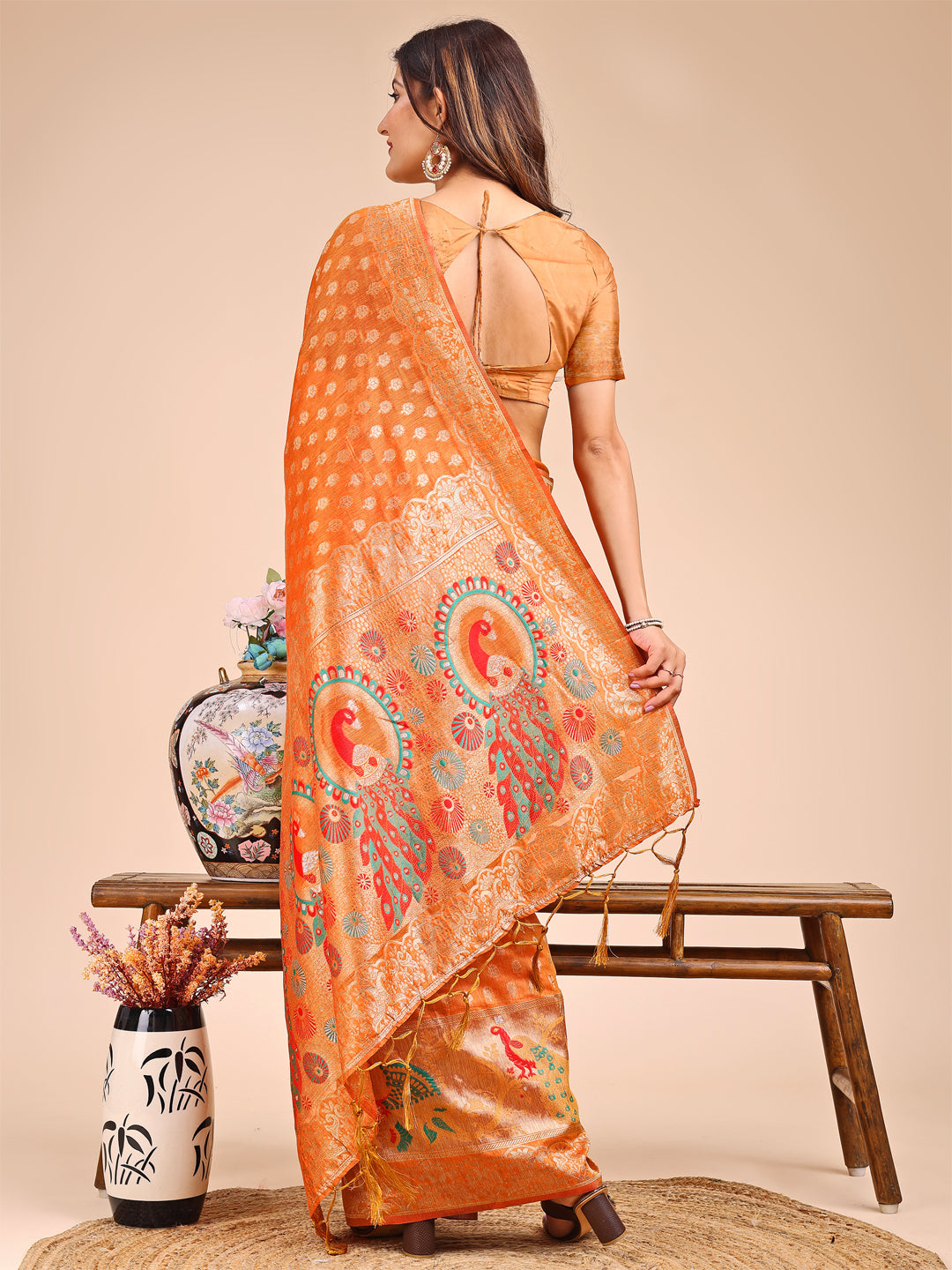 Majestic Mustrad Linen Cotton Saree with Royal Peacock Pallu – A Celebration of Heritage and Grace