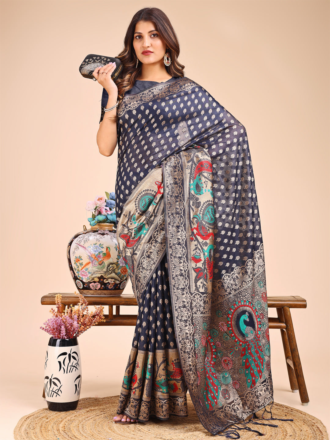 Majestic Navy Blue Linen Cotton Saree with Royal Peacock Pallu – A Celebration of Heritage and Grace