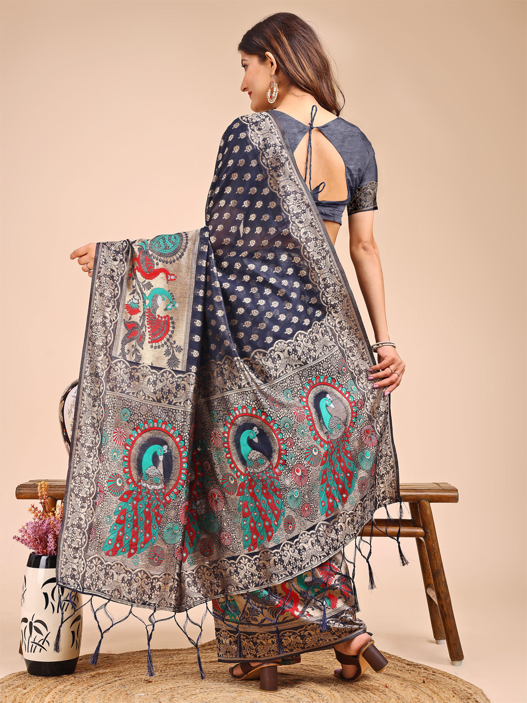 Majestic Navy Blue Linen Cotton Saree with Royal Peacock Pallu – A Celebration of Heritage and Grace