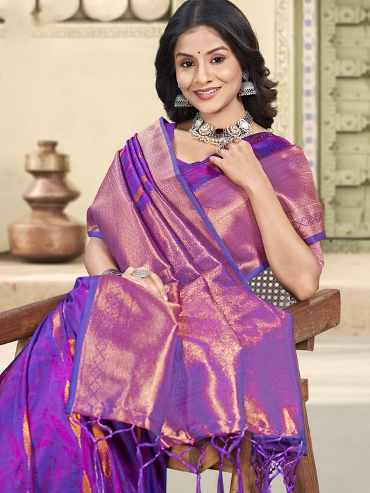 Astita Purple Linen Cotton Saree with Golden Zari Leaf Woven Design & Rich Pallu – Festive Wear | Office Look | Soft Drape