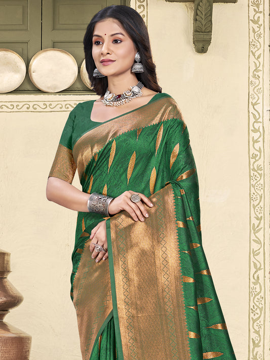 Astita Green Linen Cotton Saree with Golden Zari Leaf Woven Design & Rich Pallu – Festive Wear | Office Look | Soft Drape
