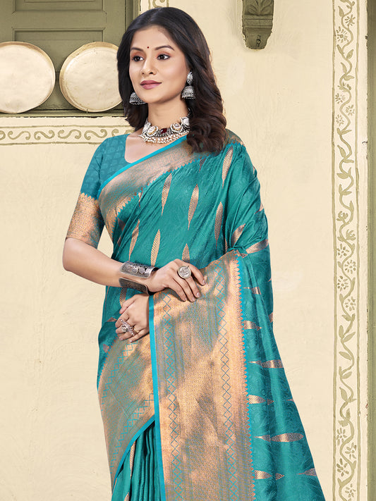 Astita Sky Blue Linen Cotton Saree with Golden Zari Leaf Woven Design & Rich Pallu – Festive Wear | Office Look | Soft Drape