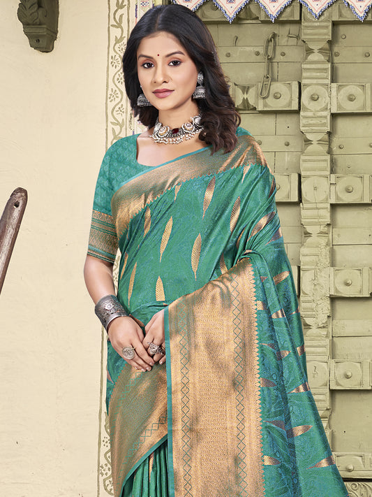 Astita Teal Blue Linen Cotton Saree with Golden Zari Leaf Woven Design & Rich Pallu – Festive Wear | Office Look | Soft Drape