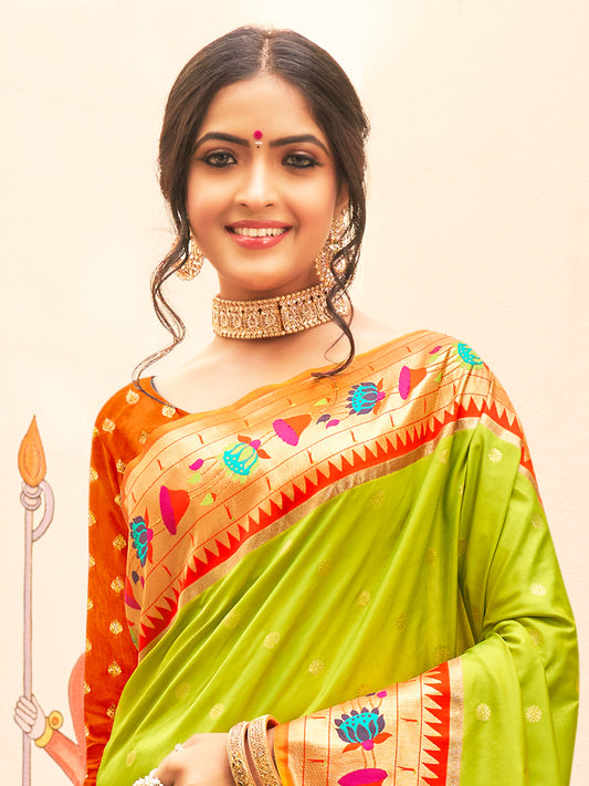 Astita Majestic Light Green Paithani Silk Saree with Royal Floral Zari Pallu | Pure Festive & Bridal Edition