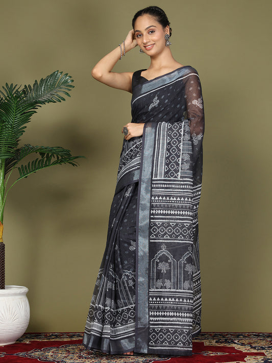 Astita Black Printed Cotton Ready-to-Wear Saree with Pocket & Inner Lining | Comfortable Daily & Office Wear Saree for Women