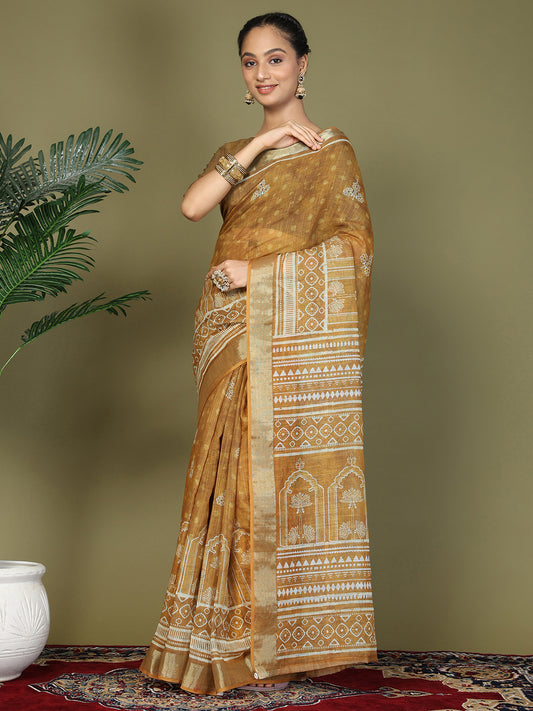 Astita Golden Printed Cotton Ready-to-Wear Saree with Pocket & Inner Lining | Comfortable Daily & Office Wear Saree for Women