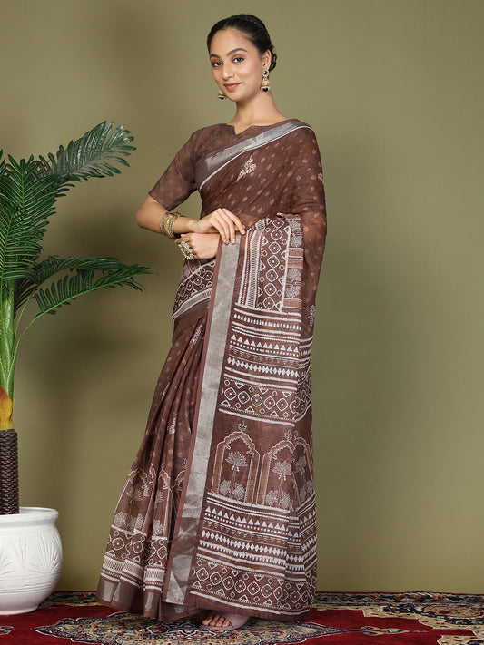 Astita Brown Printed Cotton Ready-to-Wear Saree with Pocket & Inner Lining | Comfortable Daily & Office Wear Saree for Women