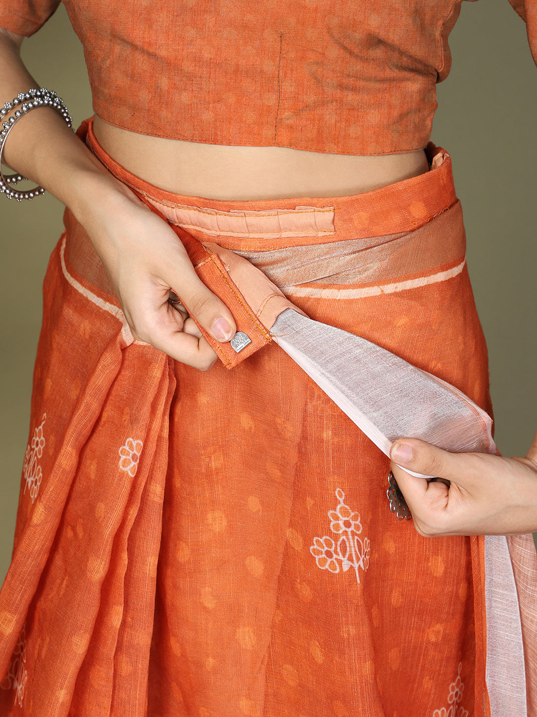 Astita Orange Printed Cotton Ready-to-Wear Saree with Pocket & Inner Lining | Comfortable Daily & Office Wear Saree for Women