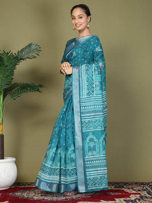 Astita Sea Green Printed Cotton Ready-to-Wear Saree with Pocket & Inner Lining | Comfortable Daily & Office Wear Saree for Women