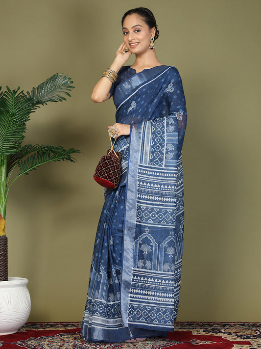 Astita Blue Printed Cotton Ready-to-Wear Saree with Pocket & Inner Lining | Comfortable Daily & Office Wear Saree for Women