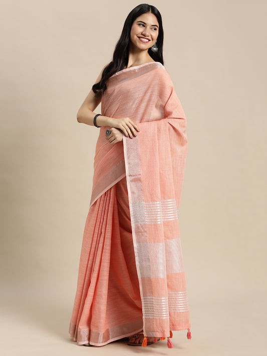 Peach Woven Linen Blend Saree with Silver Zari Border and Tassels