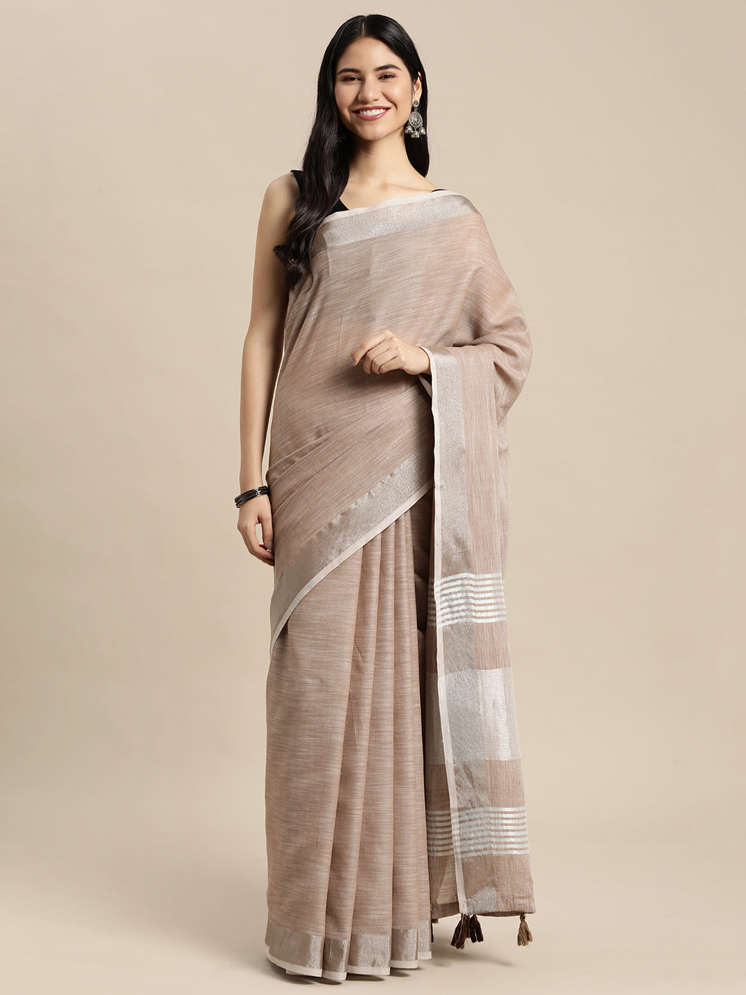 Brown Woven Linen Blend Saree with Silver Zari Border & Tassels