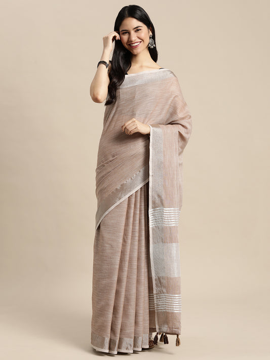 Brown Woven Linen Blend Saree with Silver Zari Border & Tassels
