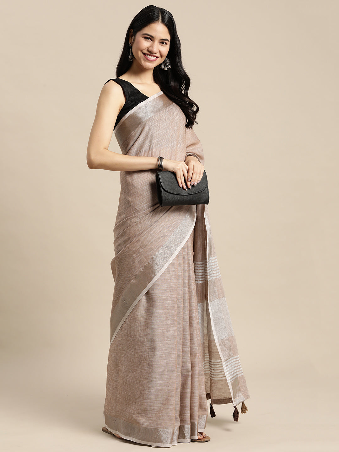 Brown Woven Linen Blend Saree with Silver Zari Border & Tassels